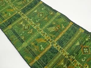 手織り紬格子に抽象花鳥模様織出し名古屋帯